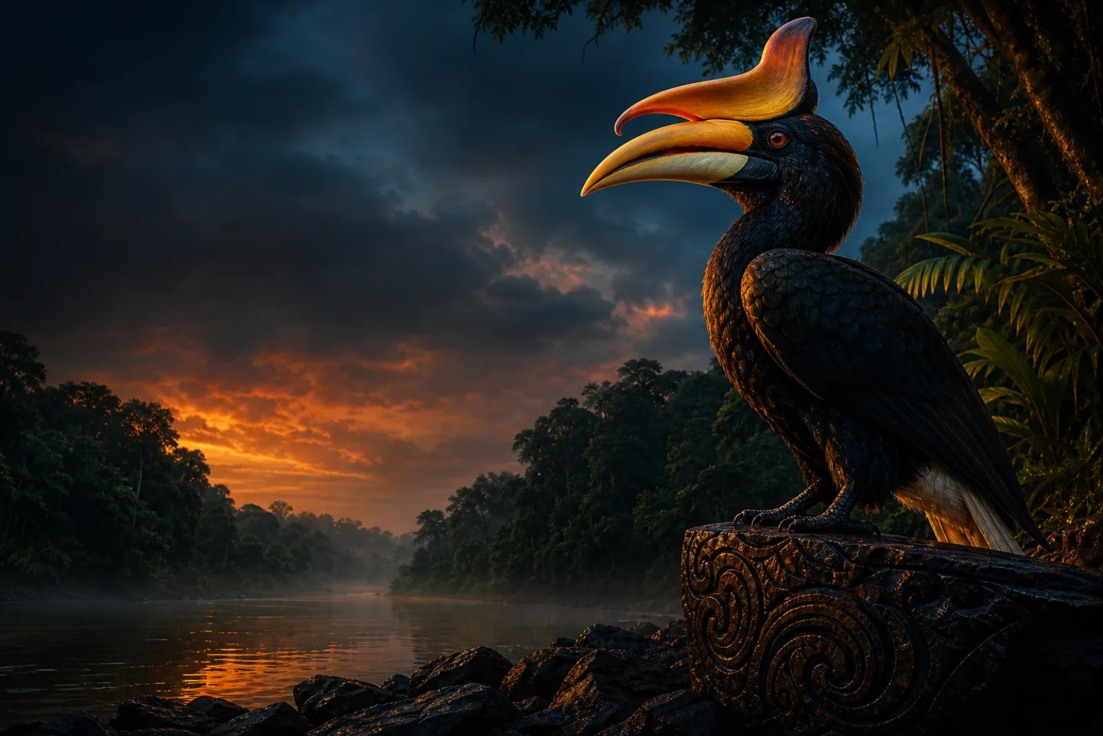 Rangkong badak di atas sungai dan hutan hujan Kalimantan saat senja